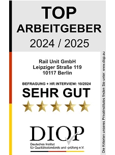 DIOP Top Arbeitgeber 2024/2025 Award Siegel mit Schriftzug und grafischem Emblem.