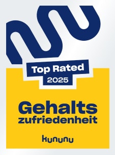 Kununu Gehaltszufriedenheit Top Rated 2025 Award Siegel mit Schriftzug und grafischem Symbol.